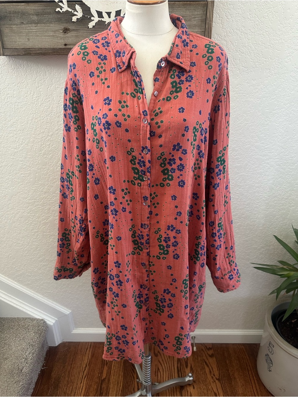 Natural Life GEORGIA Floral Shirt Dress Gauzy Cottagecore HIppie Boho Size XL